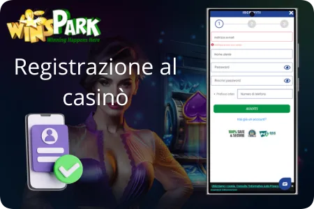 Guida registrazione passo-passo su Winspark Italia con campi email, password, nome, data di nascita e bonus 5 euro gratis per iniziare a giocare slot e gratta e vinci