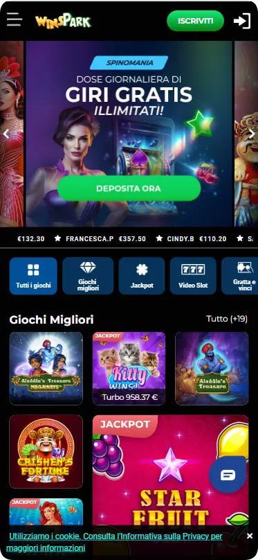 Banner promozionale su Winspark Casino con giri gratuiti illimitati, bonus deposito e pulsante "Deposita Ora" per nuovi giocatori italiani con 5 euro gratis alla registrazione