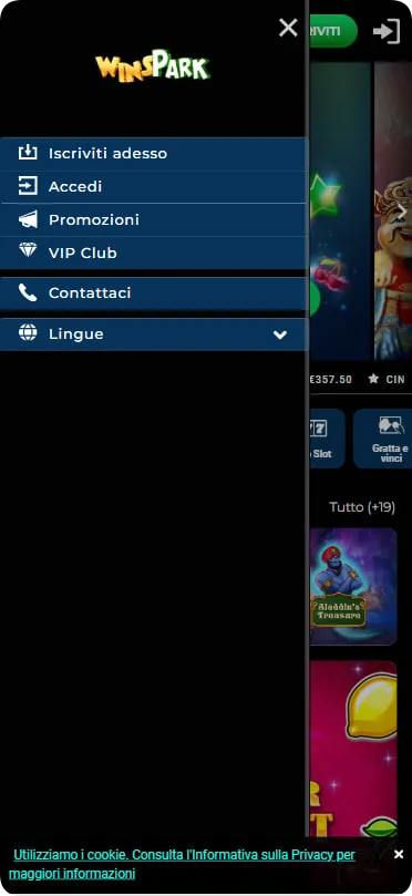 Menu principale su Winspark Casino Italia con opzioni Iscriviti Adesso, Accedi, Promozioni, VIP Club e Lingue per navigazione rapida e accesso a oltre 2000 giochi