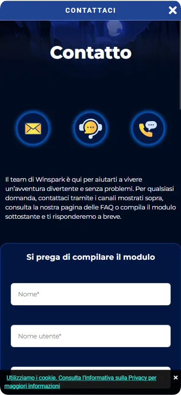 Modulo contatto su Winspark Italia con campi nome, email, messaggio e opzioni chat live, email, telefono per assistenza 24/7 su depositi e bonus