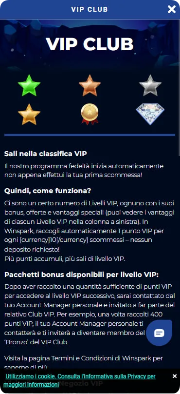 Programma VIP su Winspark con livelli Bronzo, Argento, Oro, Platino, Diamante, punti necessari e vantaggi esclusivi come cashback e gestore personale