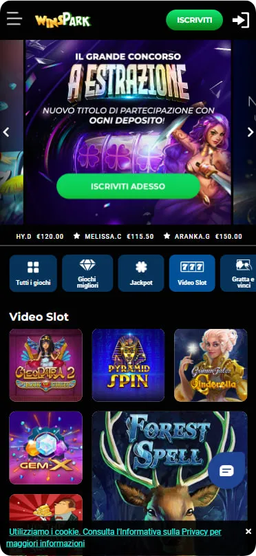 Promozione registrazione su Winspark Casino Italia con nuovo titolo di partecipazione, bonus deposito e pulsante "Iscriviti Adesso" per giri gratuiti e premi
