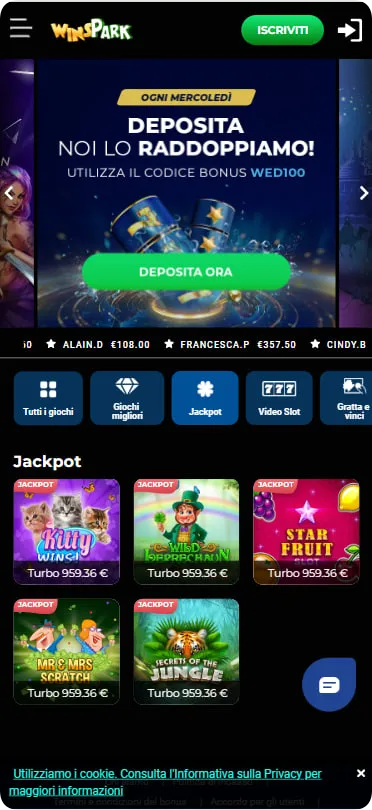 Sezione depositi su Winspark con raddoppio deposito, bonus 100% e pulsante "Deposita Ora" per metodi pagamento rapidi da 10€ e accesso a slot e gratta e vinci