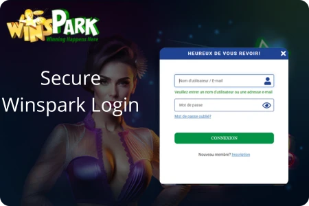 Schermata login su Winspark Casino Italia con campi email/password, pulsante Accedi e accesso rapido a bonus 200€, slot e gratta e vinci dopo registrazione