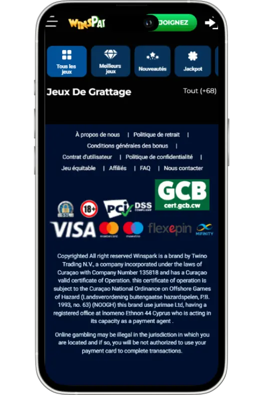 Section jeux de grattage sur Winspark Casino France avec cartes instantanées, méthodes de paiement Visa, Mastercard et bonus 5€ gratuits pour gains rapides