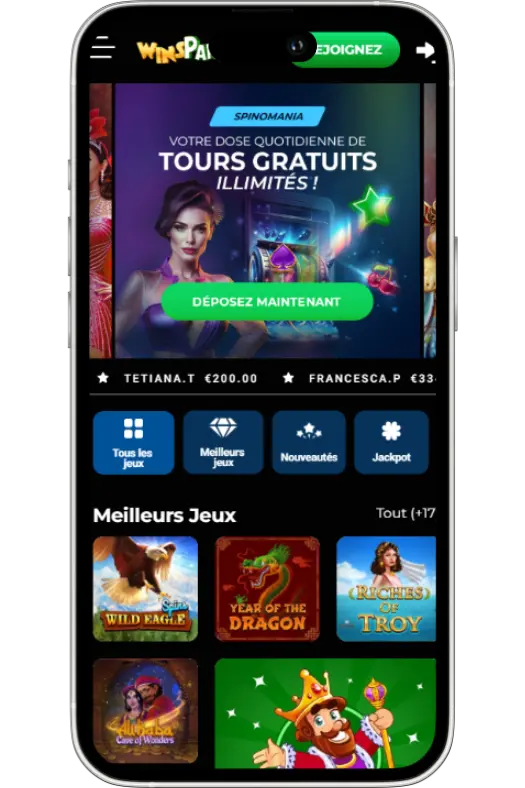Banner tours gratuits illimités sur Winspark avec bouton "Déposez Maintenant", promotions quotidiennes et accès à jackpots et jeux à gratter