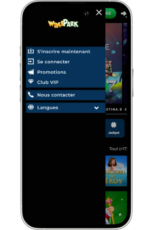 Menu principal sur Winspark Casino avec options S'inscrire, Se connecter, Promotions, Club VIP et Nous contacter pour navigation facile en France