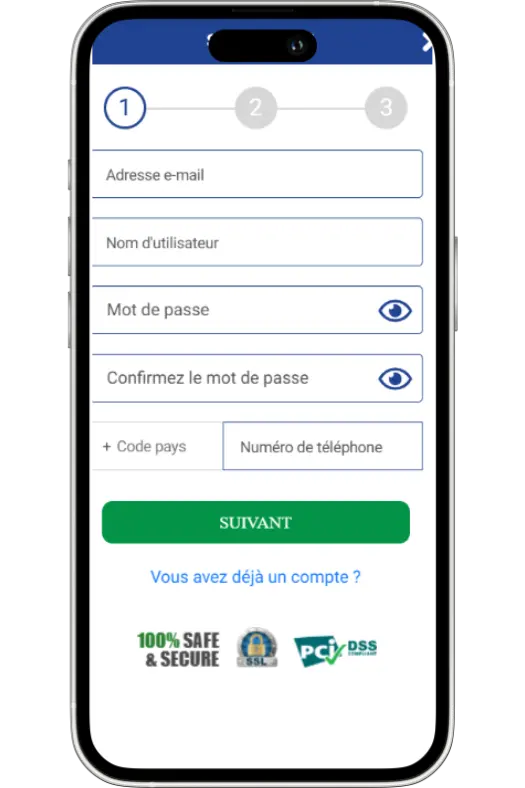 Formulaire inscription sur Winspark Casino France avec champs email, nom d'utilisateur, mot de passe et numéro de téléphone pour bonus bienvenue 200€