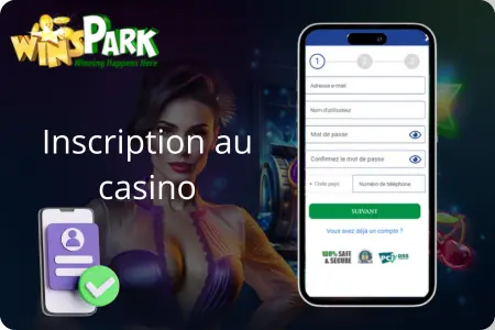 Guide inscription étape par étape sur Winspark France avec champs email, mot de passe, nom, date de naissance et bonus 5€ gratuits pour jouer aux slots et jeux à gratter en France