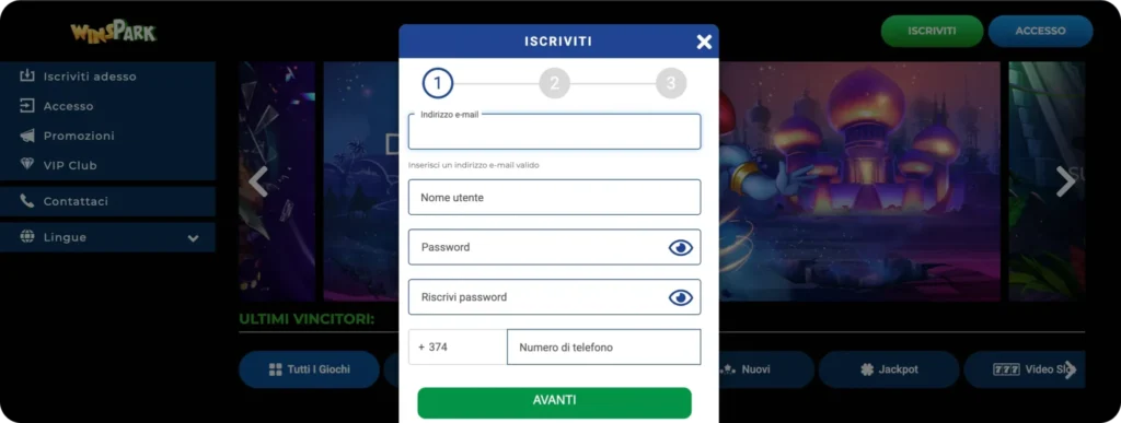 Winspark registrazione